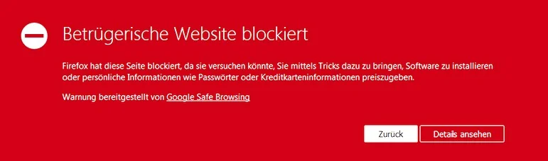 Screenshot "Betrügerische Website blockiert"