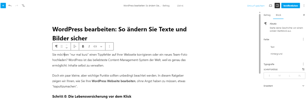Screenshot Gutenberg-Editor. Ein Textblock ist markiert, die Formatierungs-Leiste ist sichtbar.