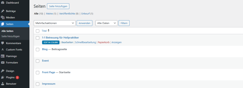 Screenshot der WordPress-Seitenübersicht. Mehrere Unterseiten sind sichtbar, mit einem "Bearbeiten"-Link, der den Editor öffnet.